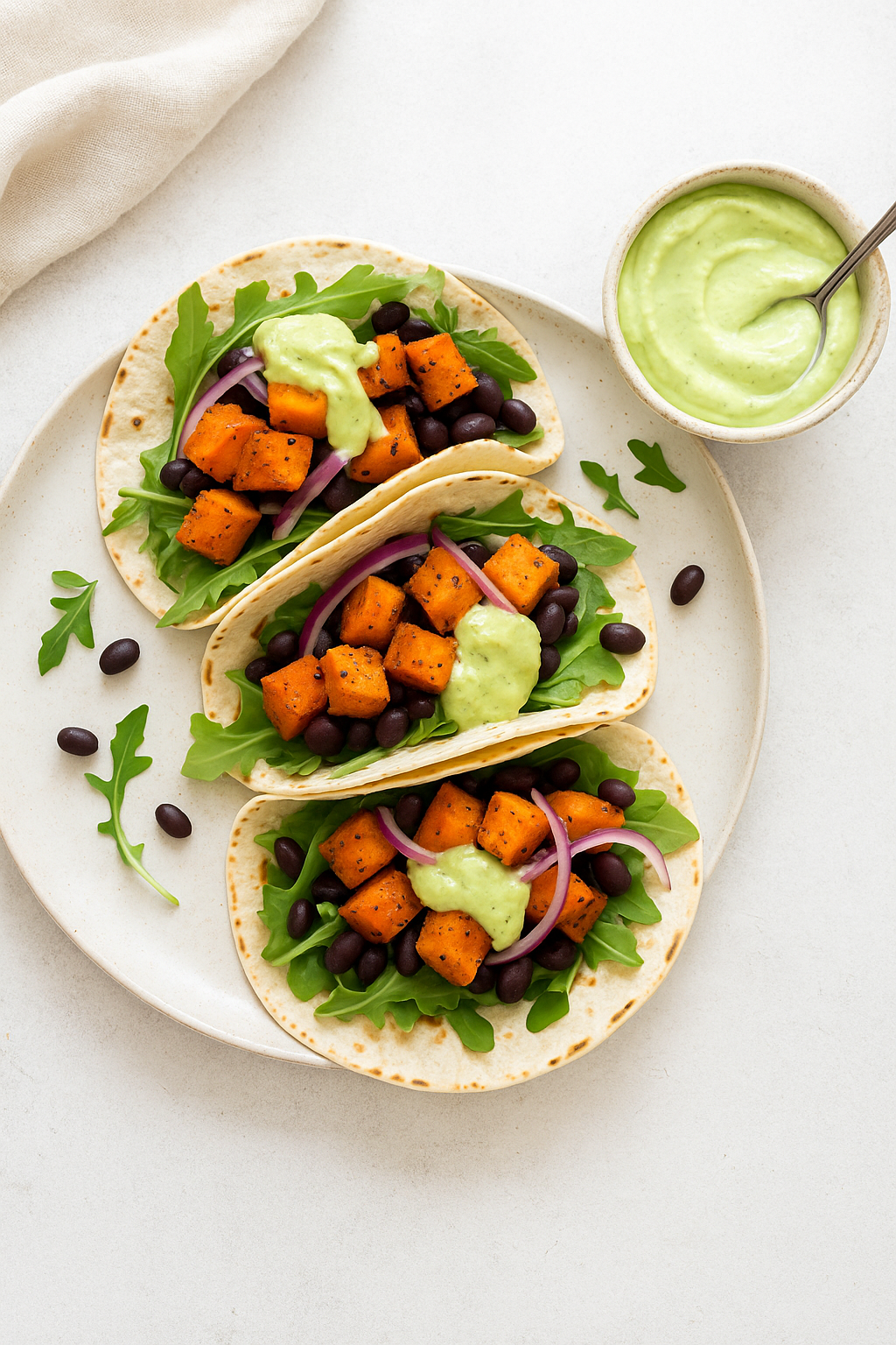 🥙 Recette Végétalienne : Tacos de patates douces rôties et sauce crémeuse à l’avocat